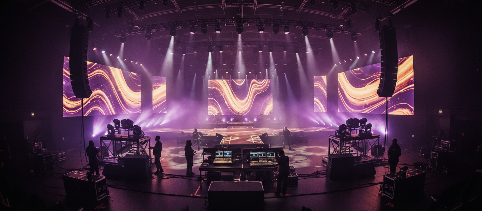 Cinematic event production with dramatic stage lighting